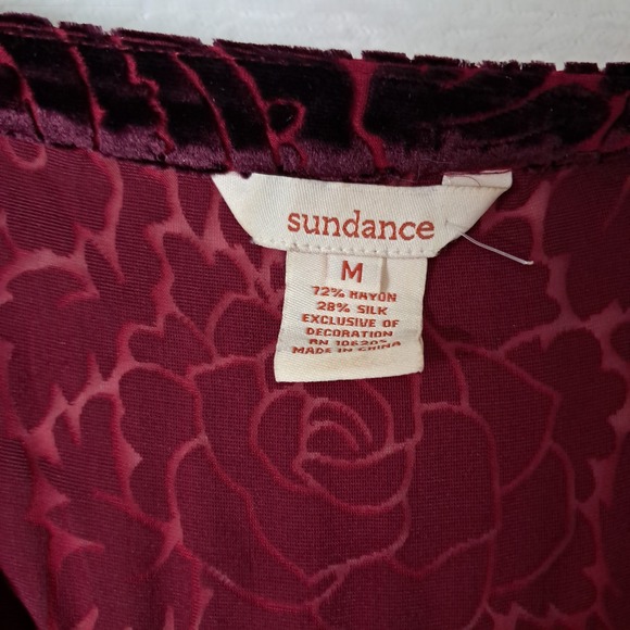 Sundance Top Women's Medium Red Velvet Burnout Button Up Long‎ Sleeve Silk Blend - Picture 3 of 9